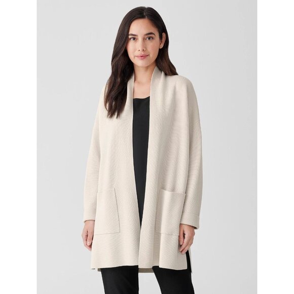 EILEEN FISHER Bone Ivory Silk Cotton Interlock Knit Long Cardigan, Size S - Picture 1 of 16